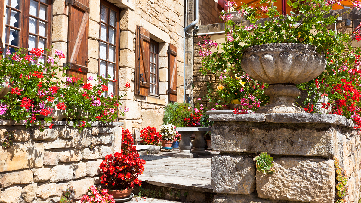 Bright flower pots on an ancient stone house porch in Southern France