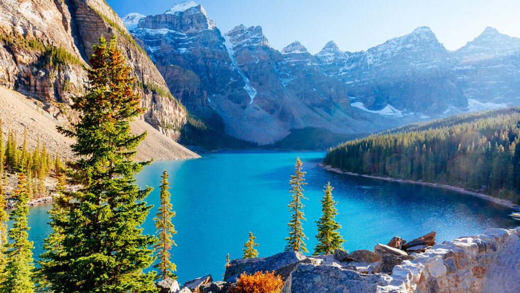 Moraine Lake is a glacially-fed lake in Banff National Park 14 km outside of Lake Louise, Alberta, Canada. It is situated in the Valley of the Ten Peaks, at an elevation of approximately 1885 m.