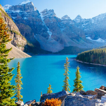 Moraine Lake is a glacially-fed lake in Banff National Park 14 km outside of Lake Louise, Alberta, Canada. It is situated in the Valley of the Ten Peaks, at an elevation of approximately 1885 m.